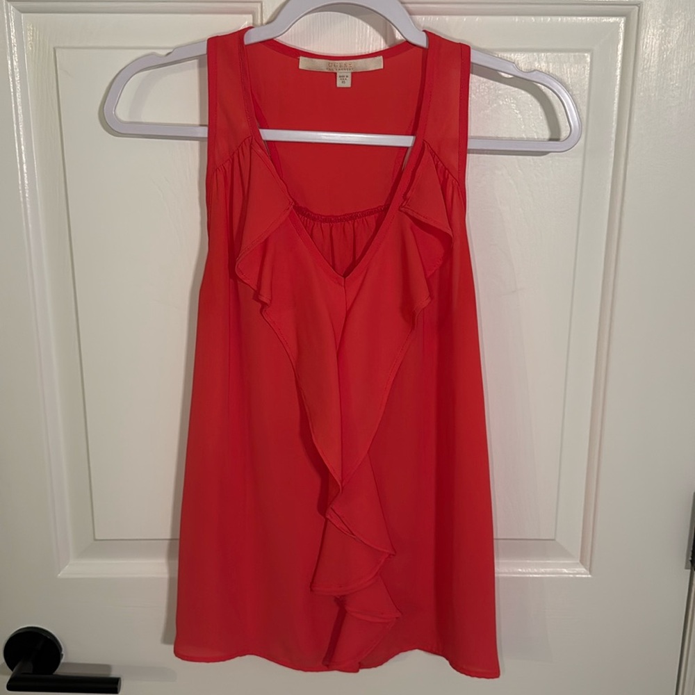 Guess Women's Top Sleeveless Solid Coral Pink Ruffles Size XS